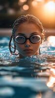 A young girl wearing goggles in the pool photo