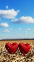 Two red hearts in a field with a blue sky photo
