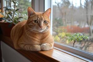 A cat sitting on a window sill looking out photo