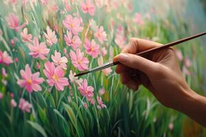 A person is painting a painting of pink flowers photo
