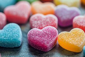Colorful heart shaped candies on a table photo