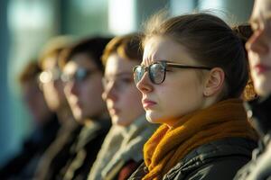 A group of people are sitting in a row photo