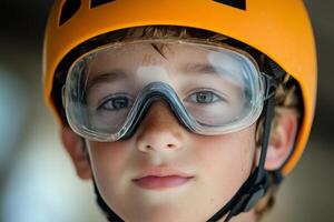 A young boy wearing goggles and a helmet photo