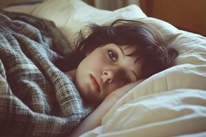 A young woman is laying in bed with her eyes closed photo