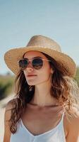A woman wearing sunglasses and a hat on the beach photo