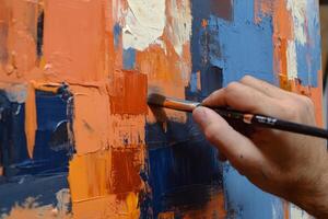 A person painting with a brush on an orange and blue painting photo
