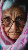 An old woman with glasses and a scarf photo