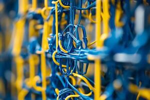 A close up of a blue and yellow wire fence photo