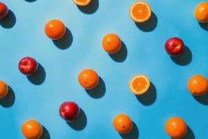 A blue background with oranges and apples photo