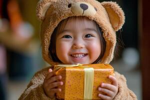 A little girl in a teddy bear costume holding a gift photo