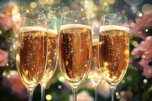 Three glasses of champagne with sparkling bubbles photo
