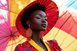 Beautiful african woman in colorful dress and hat photo