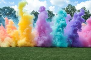 Colorful smoke bomb in the air photo