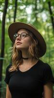 A woman wearing glasses and a hat in the woods photo