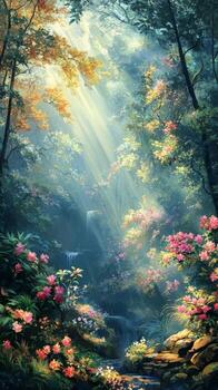 A painting of a forest with flowers and trees photo