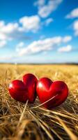 Two red hearts in a field with blue sky photo