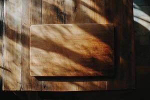 A wooden cutting board on a wooden table photo