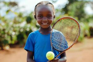 A young girl holding a tennis racket and ball photo
