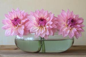 A vase filled with pink flowers sitting on a table photo