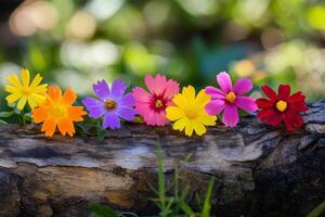 Colorful flowers on a log photo