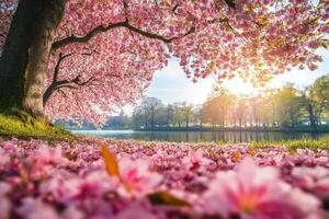 Cherry blossoms on the ground by a lake photo
