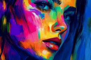 A woman with bright colors on her face photo