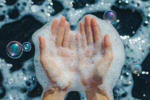 Hands washing in a bathtub with bubbles photo