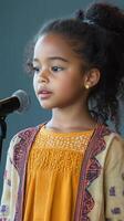 A young girl with curly hair is standing in front of a microphone photo