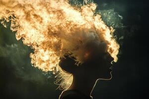 A woman with a fire coming out of her head photo