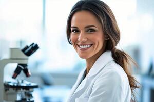 A woman in a lab coat is smiling photo
