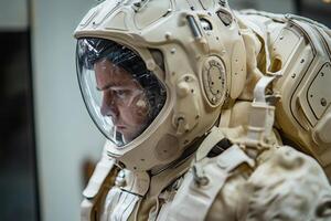 A man in an astronaut suit is looking away photo