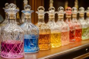 Colorful bottles of various liquids lined up on shelf in a bar or distillery photo