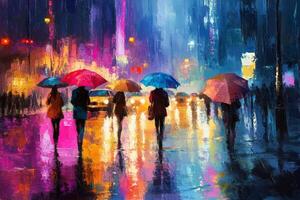 A painting of people walking in the rain with umbrellas photo