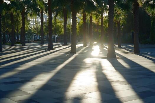 Sunlight shining through the shadows of palm trees photo