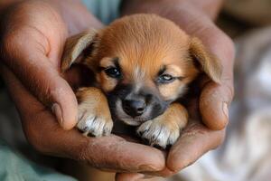 A small brown dog is being held in the hands of a person photo
