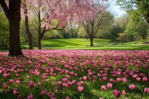 Pink tulips in a park with trees and grass photo