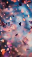 Confetti falling from the sky, with a blurred background photo