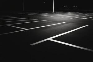 Black and white photo of empty parking lot at night