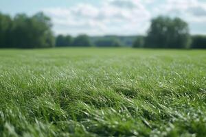 Close-up of Green Grass Field with Blurred Tree Line Background photo