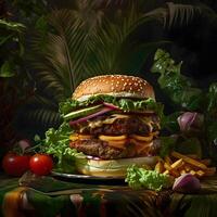 Double Cheeseburger with Garnishes and French Fries in Tropical Setting photo