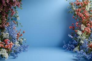 Digital Render Blue Background with Symmetrical Floral Arrangements photo