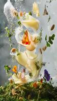 A photo of food being splashed with water