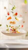 A plate with food flying in the air photo