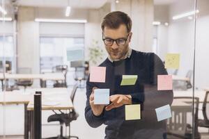 Professional man using colorful sticky notes on glass wall in modern office, planning and organizing tasks for a project photo
