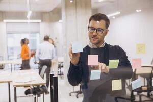 Businessman using sticky notes on a glass wall in a modern office, collaborating with colleagues in the background to brainstorm ideas photo
