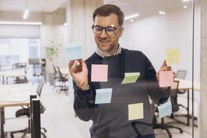 Business professional brainstorming ideas using colorful sticky notes on glass wall in modern office environment with open workspace photo
