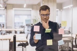 Businessman analyzing ideas on colorful sticky notes in a modern office setting, reflecting on strategic planning and innovation photo