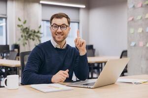Smiling businessman raising his index finger having a good idea while working on his laptop in a modern office photo