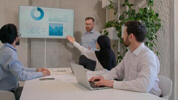 Office team leader man mentor show charts financial growth graphics presentation on interactive board diverse businessmen and muslim businesswoman in hijab discussing project group conference meeting photo