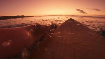 Surfer rowing on surfboard and duck dive under waves in ocean. First-person view and crashing waves with bright sunset video